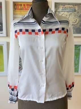 Vintage 70s Nautical Stripe Button-Up Blouse | Retro Red White & Navy Geometric